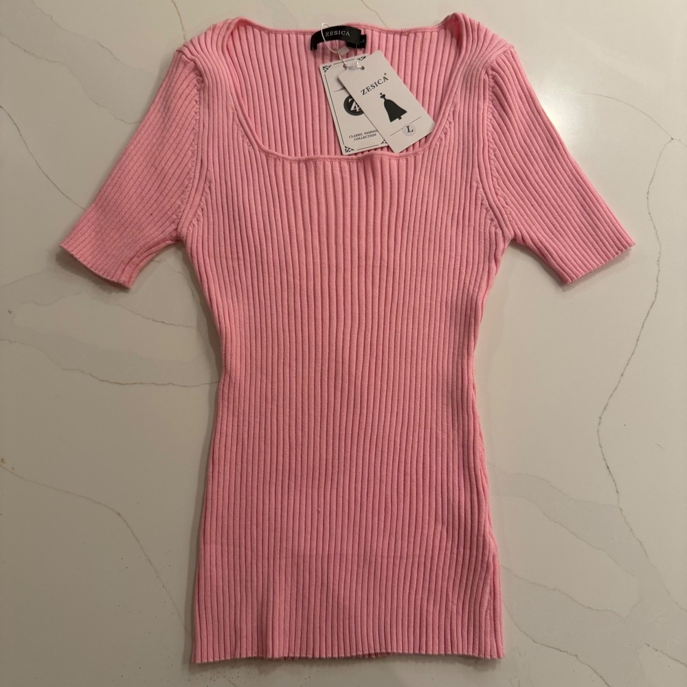 Zesica Pink Ribbed Knit Square Neck Short Sleeve Top Size L NEW